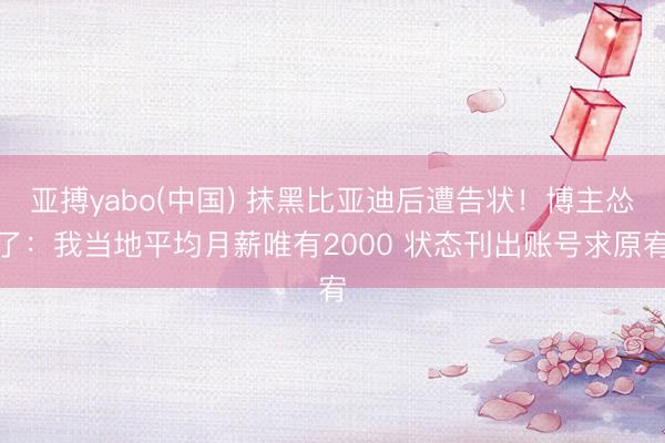 亚搏yabo(中国) 抹黑比亚迪后遭告状！博主怂了：我当地平均月薪唯有2000 状态刊出账号求原宥